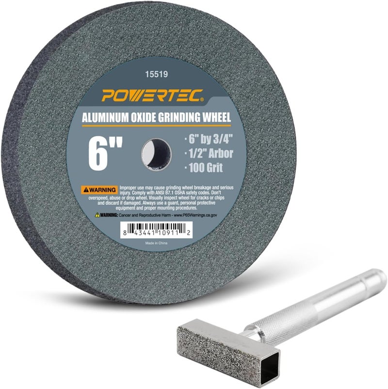POWERTEC Bench Grinder Wheel + Diamond Wheel Dresser 6 Inch 100 Grit, Aluminum Oxide Grinding Wheel for Bench Pedestal Grinder, 3/4" Thick 1/2" Arbor, Sharpening & Shaping Blade, Chisel & Drill Bits - Image 1